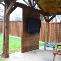 Details Of Custom Media Wall In Dallas Backyard Cabana.