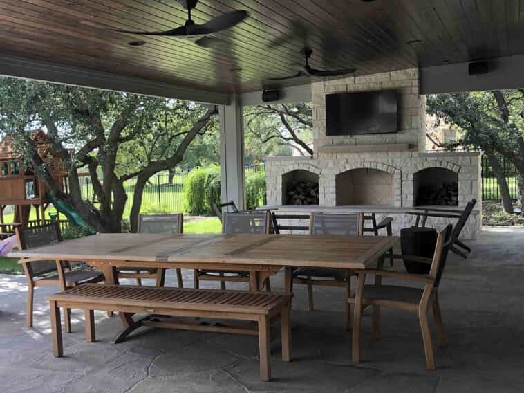 Lakeway TX Covered Porch with Stone Fireplace