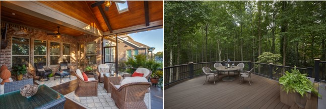 two images of decks on on left is covered and one on right is uncovered in woods