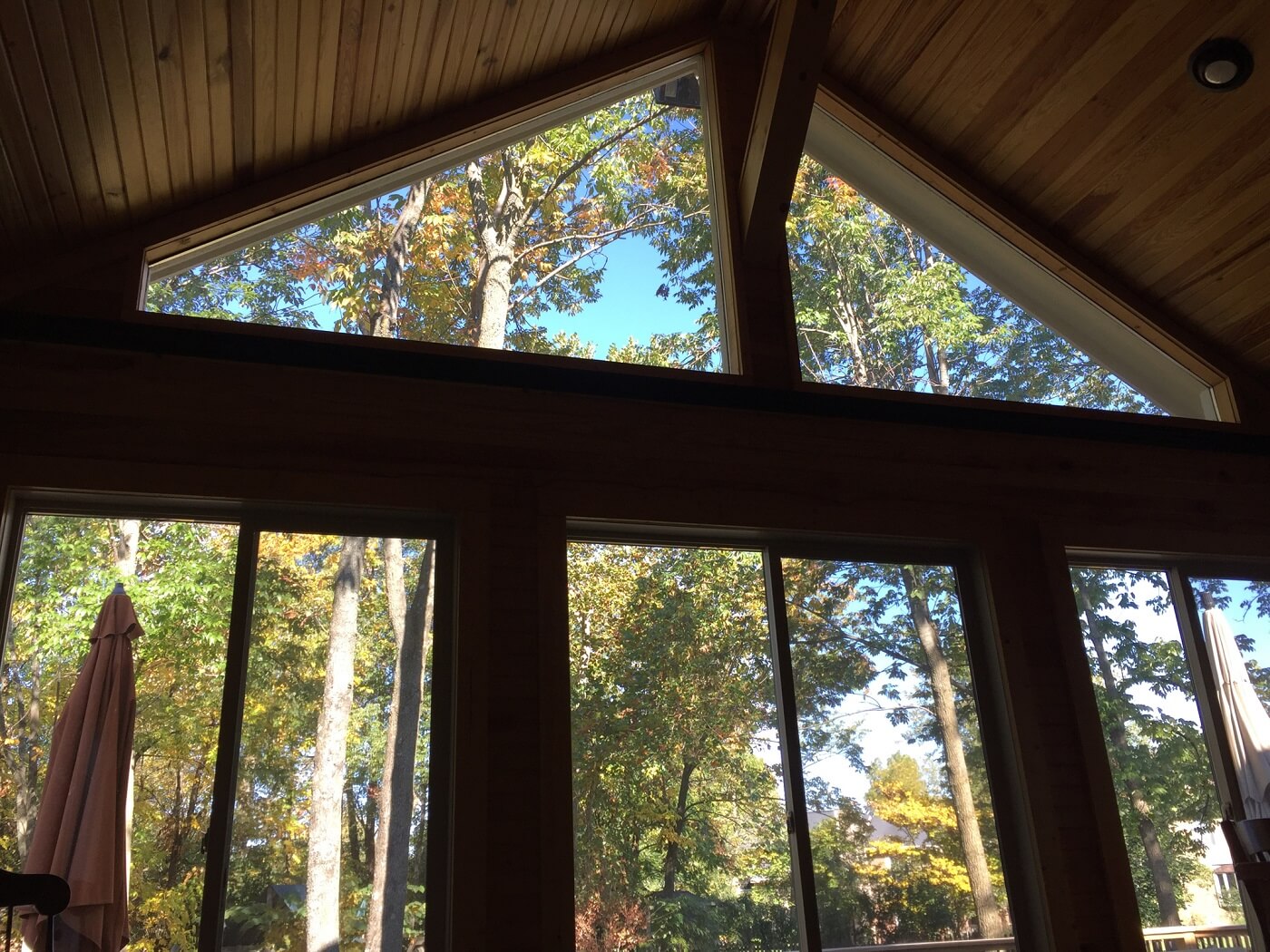 View of a wooded property from inside a sunroom with wood beams and wooden vaulted ceilings