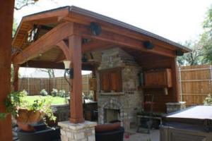 Covered patio and outdoor fireplace