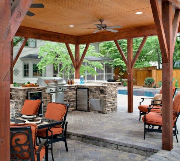 poolside covered porch with outdoor kitchen