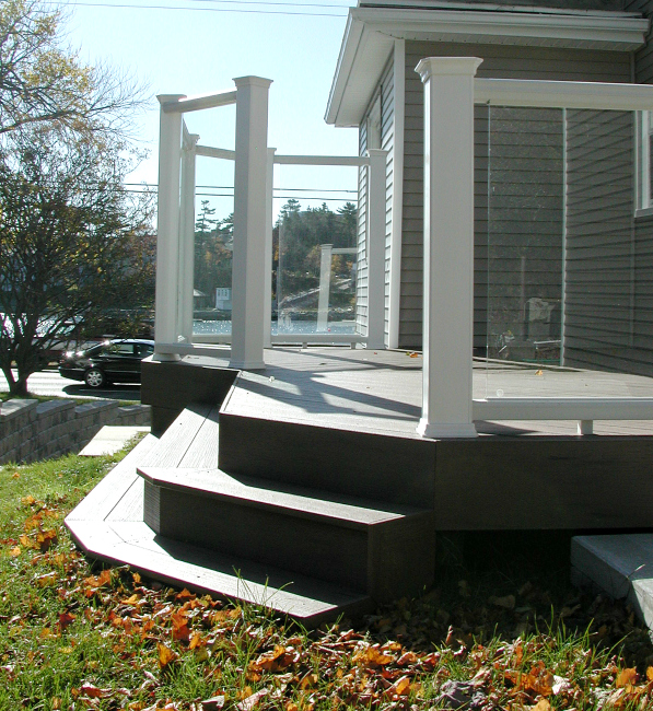Outdoor patio deck with stairs and rails