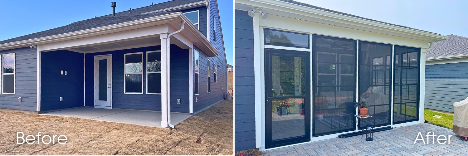 Before and after image of an open porch turned into a patio enclosure in Belmont, NC.
