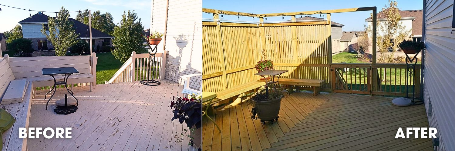 Before and after of a deck resurfacing with new pressure treated pine.