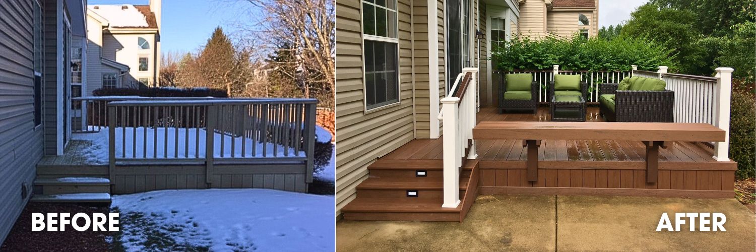 Before and after of a deck renovation from wood to composite with a built in bench.