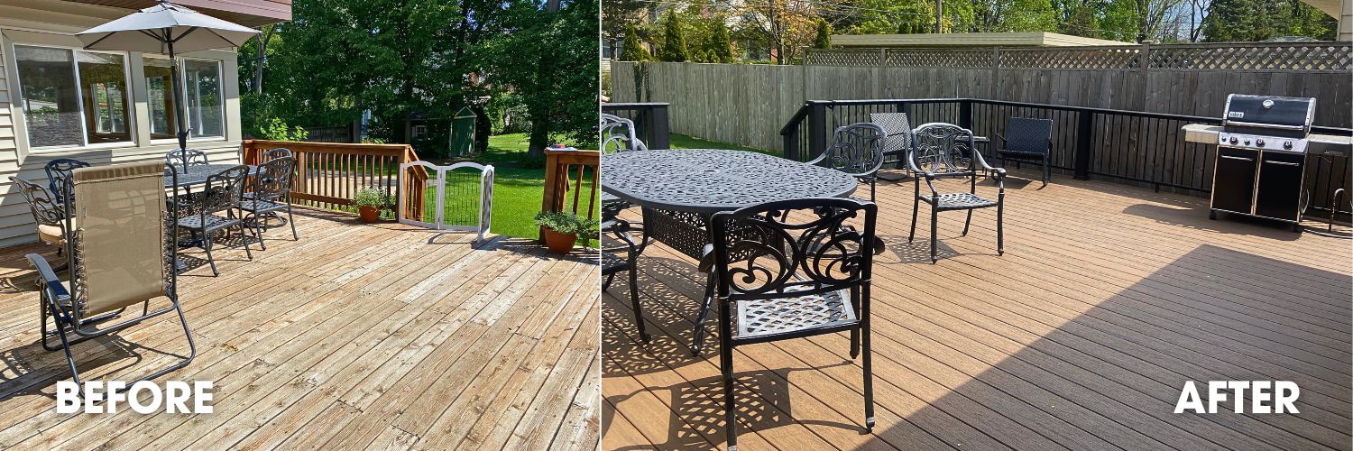 Deck resurfacing before and after showing a wood deck resurfaced with Timbertech composite decking.