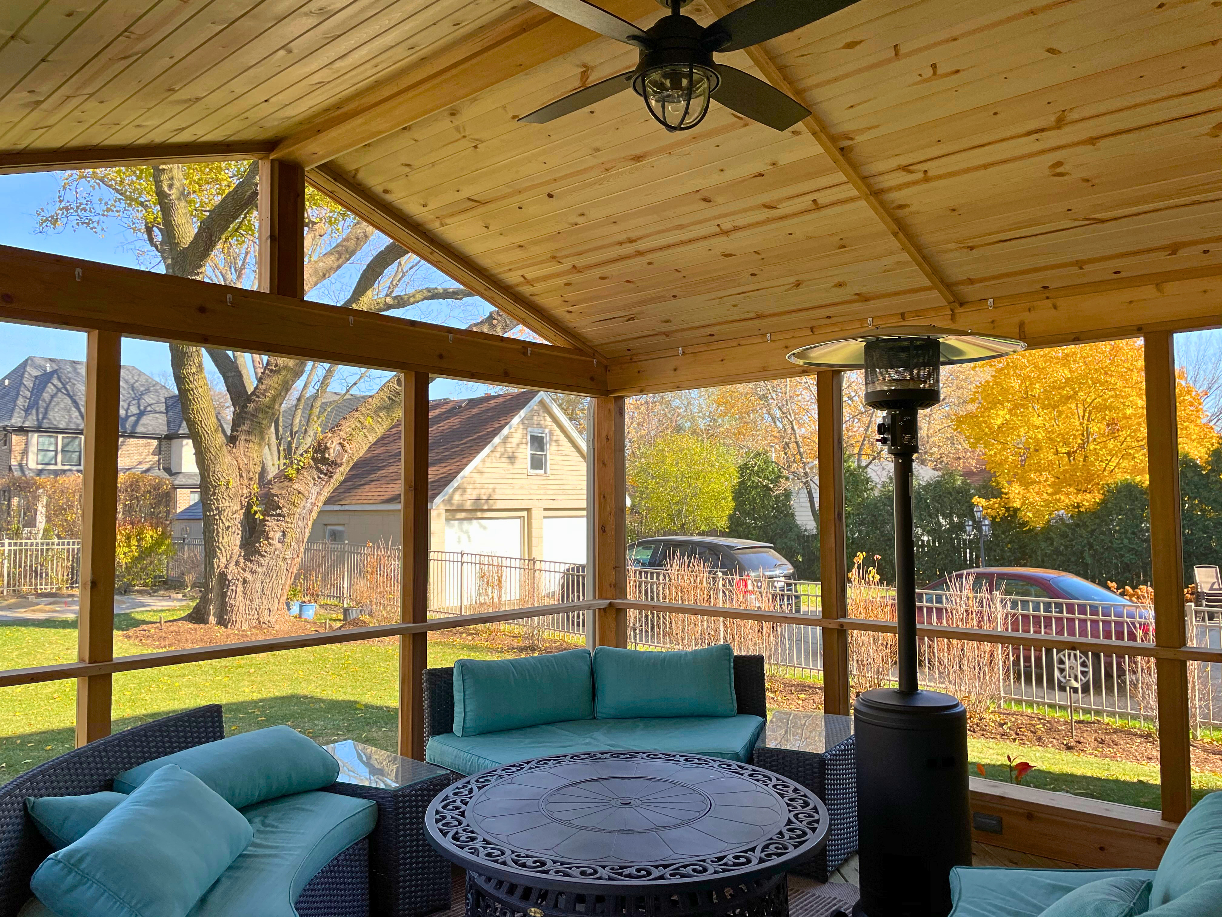 Inside view of a screened porch in the fall in Schaumburg, IL.
