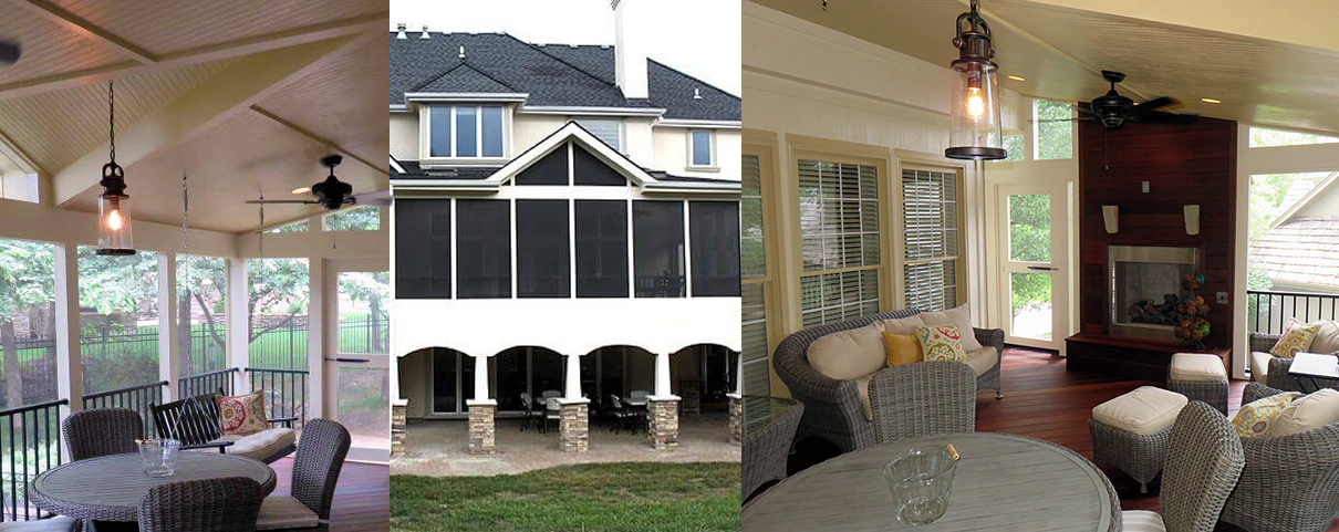 Here, you can see the interior and exterior of a hybrid roof style porch design