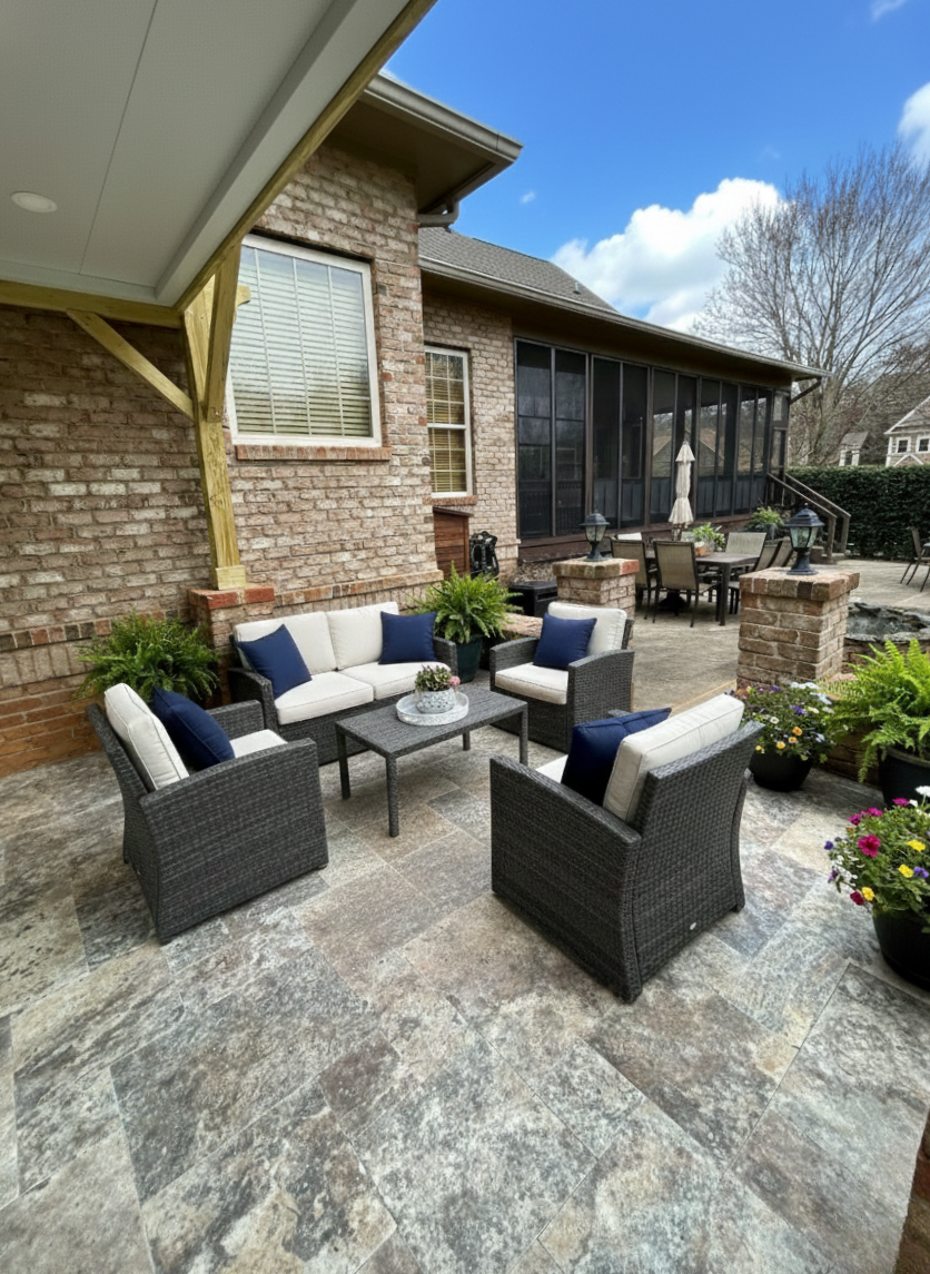 Custom Travertine patio with lounge furniture in Charlotte, NC.