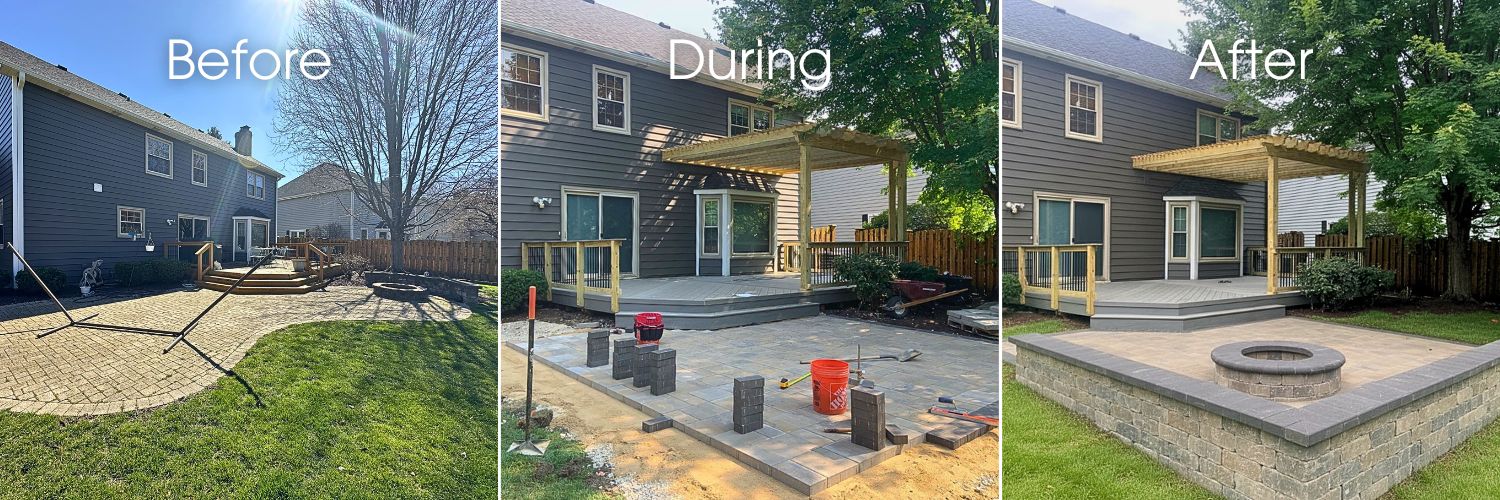 Before, during, and after of a paver patio and timbertech deck transformation in Naperville, IL.