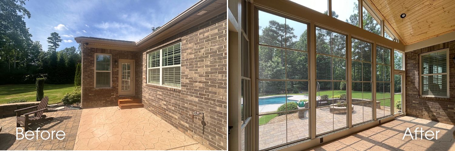 Before and after of a patio enclosure in Mattthews, NC. The before image shows a concrete patio and the after shows a 3-season room with a concrete patio floor.