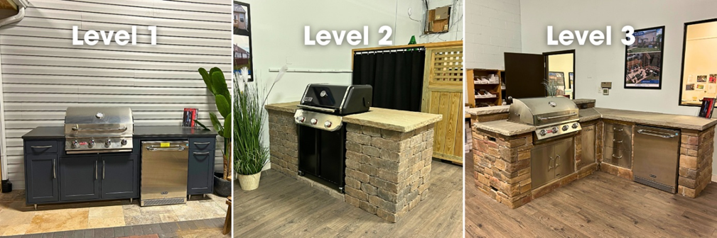 Comparison of Archadeck of Charlotte's 3 outdoor kitchen levels: Modular, Built-In Block, and Full Custom Luxury designs.