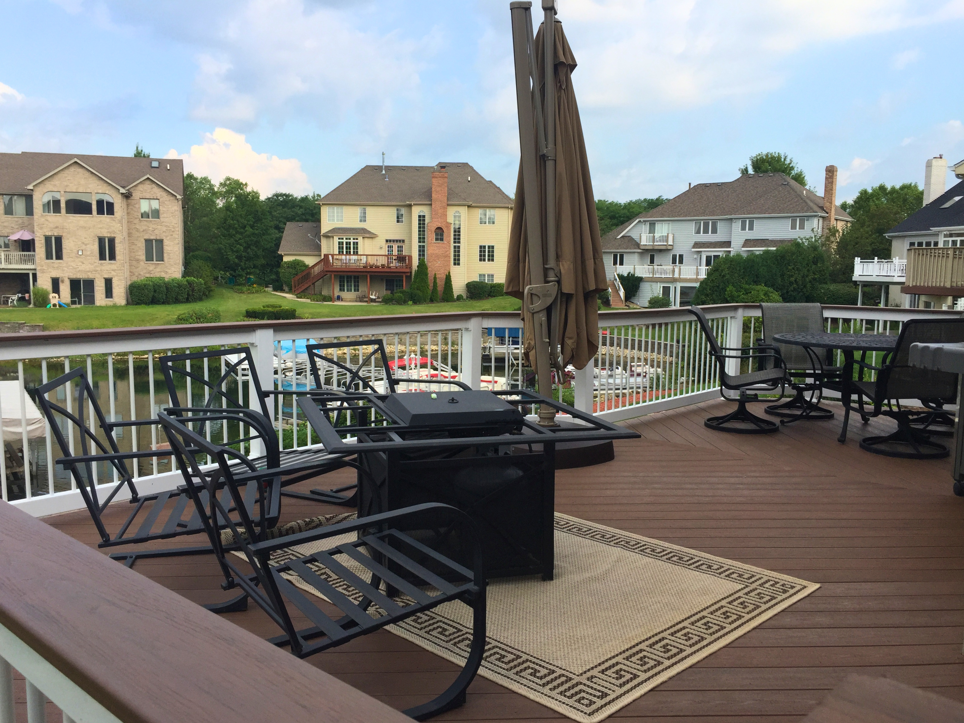 Brown Timbertech deck overlooking Plainfield, IL neighborhood.
