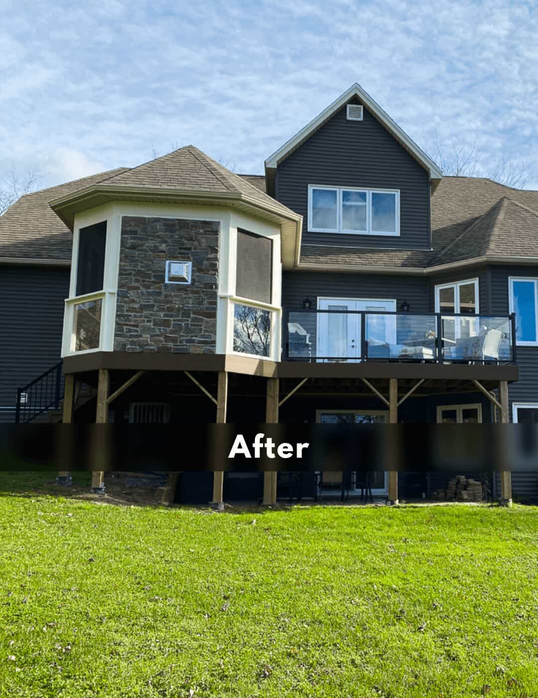 After photo of the screened room with adjacent upper-level deck