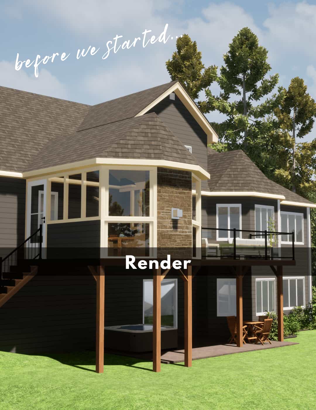 Render design of the screened room and adjacent deck, from outside, before we started