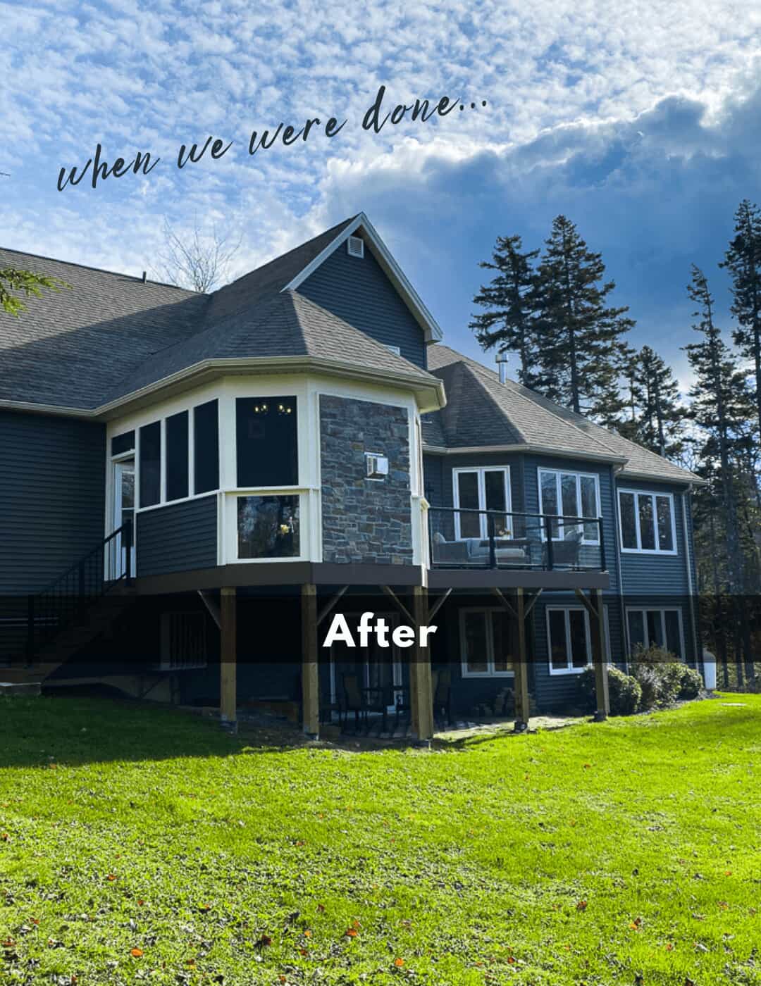 After photo of the screened room and adjacent deck, from outside, once the project was completed