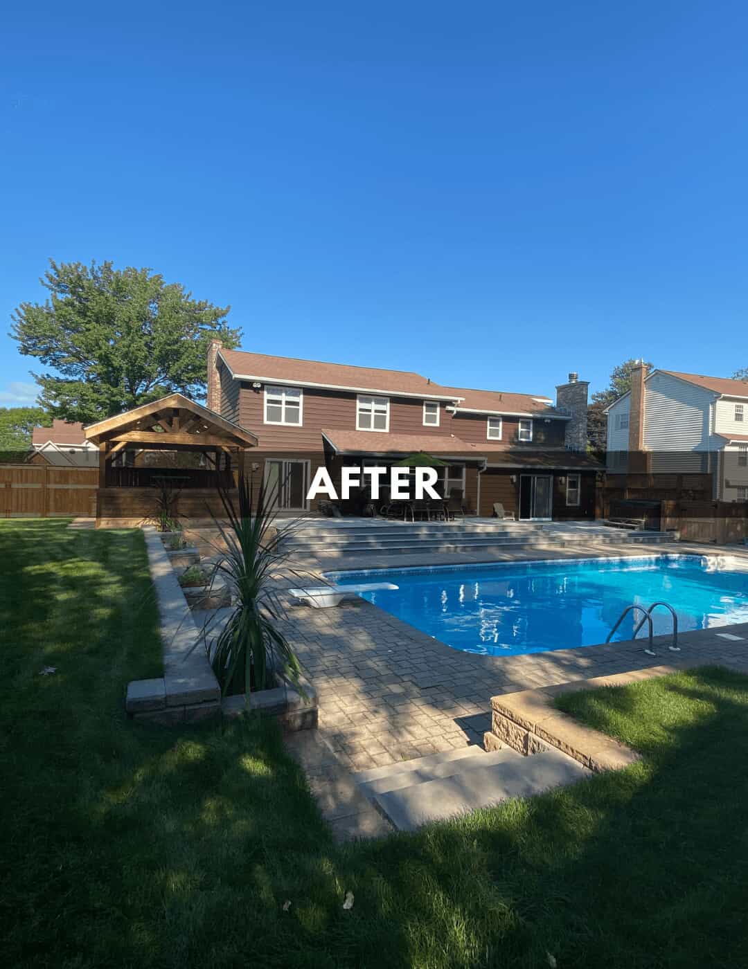 After photo of backyard with pool, deck, patio, outdoor kitchen, and lawn area