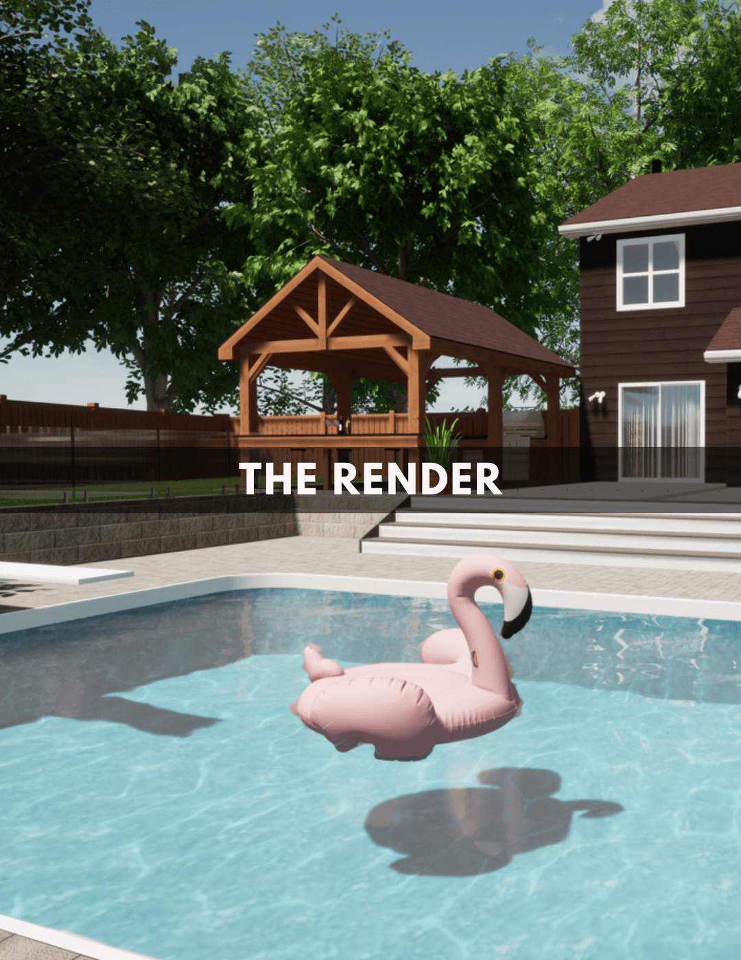 Render design of the outdoor kitchen, retaining wall, and deck, as viewed from pool side