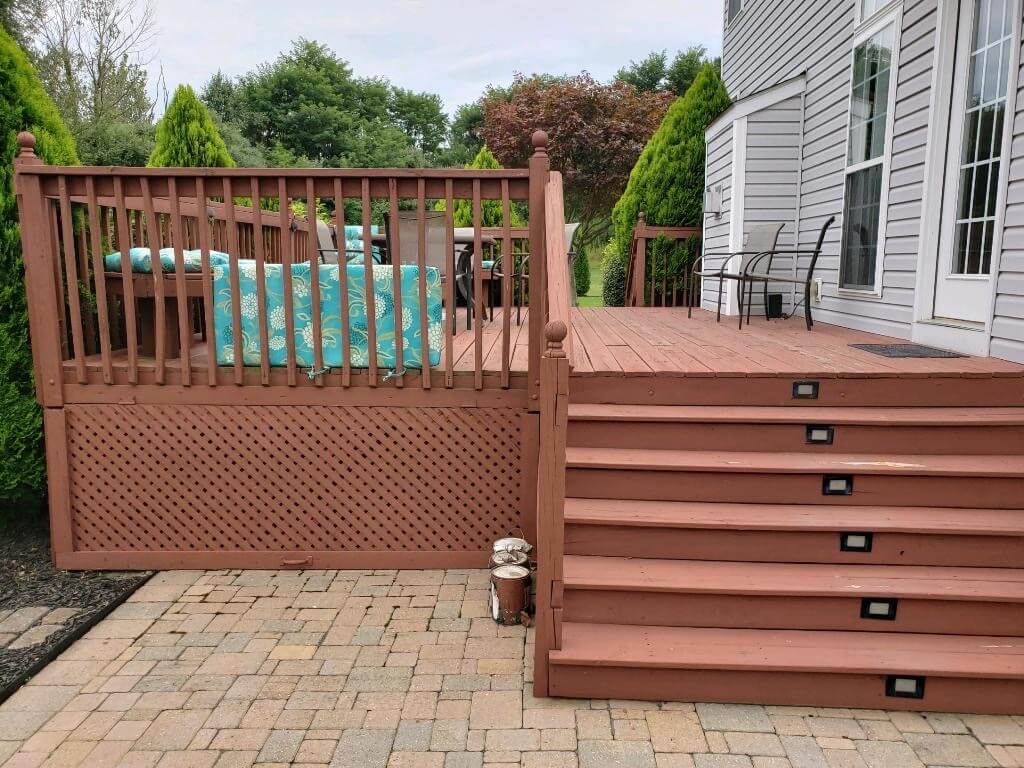 Backyard wood deck with railing and seating area