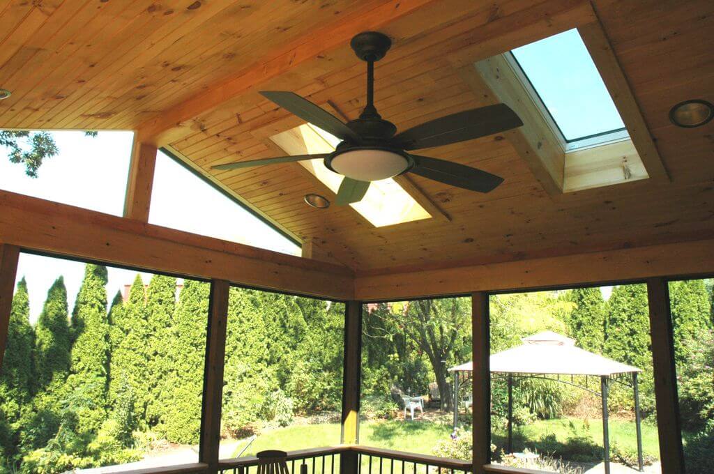 Porch ceiling with sky lights and ceiling fan