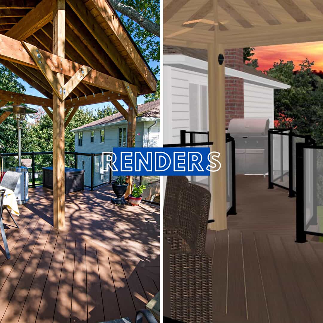 The deck with covered area compared with the render side by side