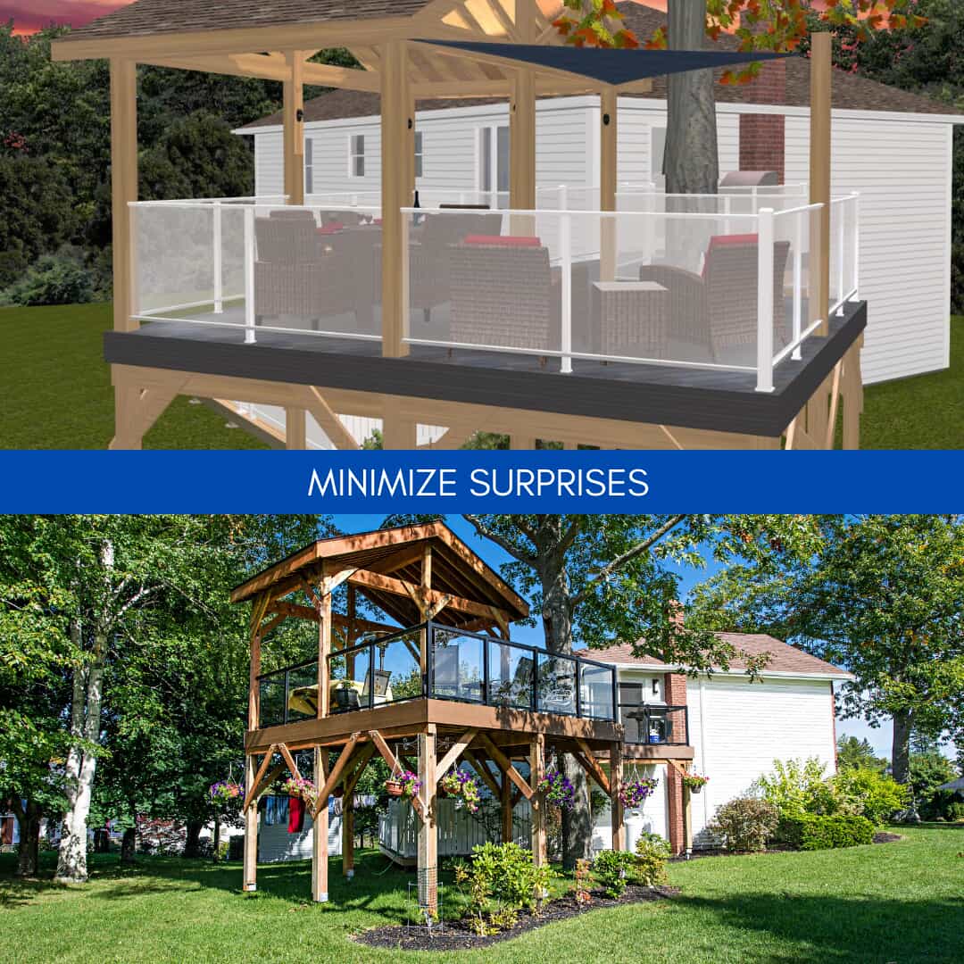 Overall view of the render of the deck and shade area compared with the actual deck and share area