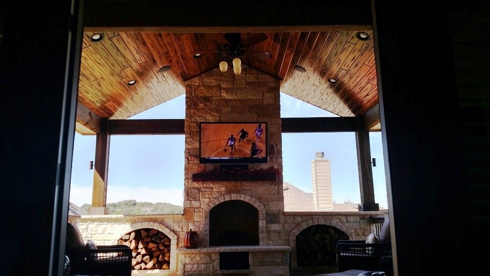Fireplace in covered patio 