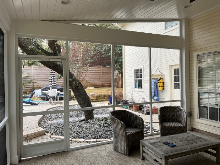 Austin Screened Porch Interior Overlooking Backyard Pool