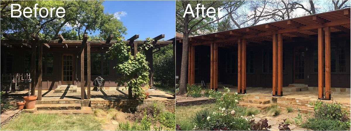 Before and after image of pergola on patio