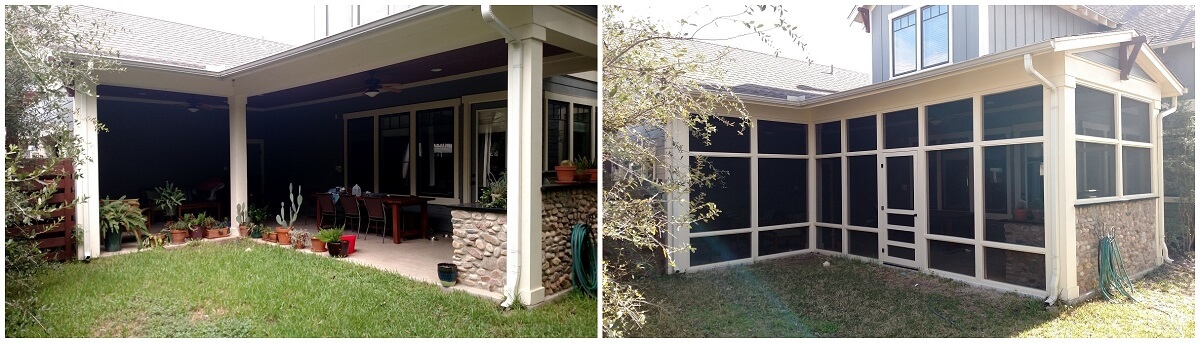 Before and after backyard screened porch