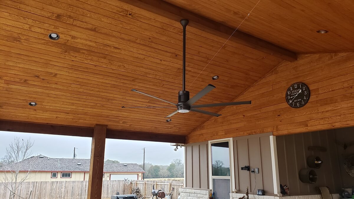 Patio cover ceiling with fan and lighting