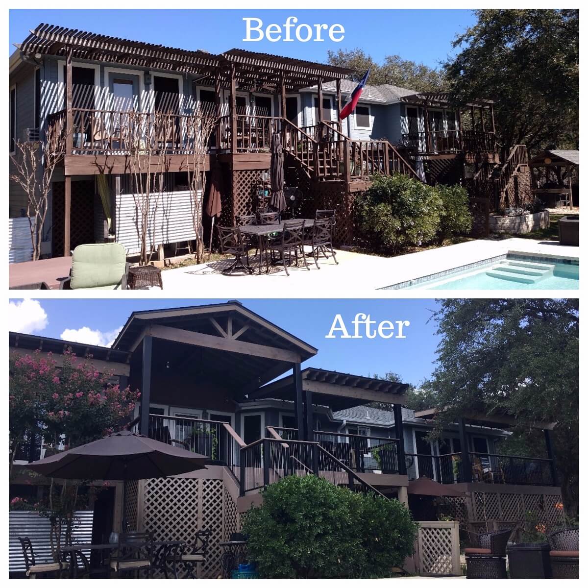 Before and after image of deck and pergola