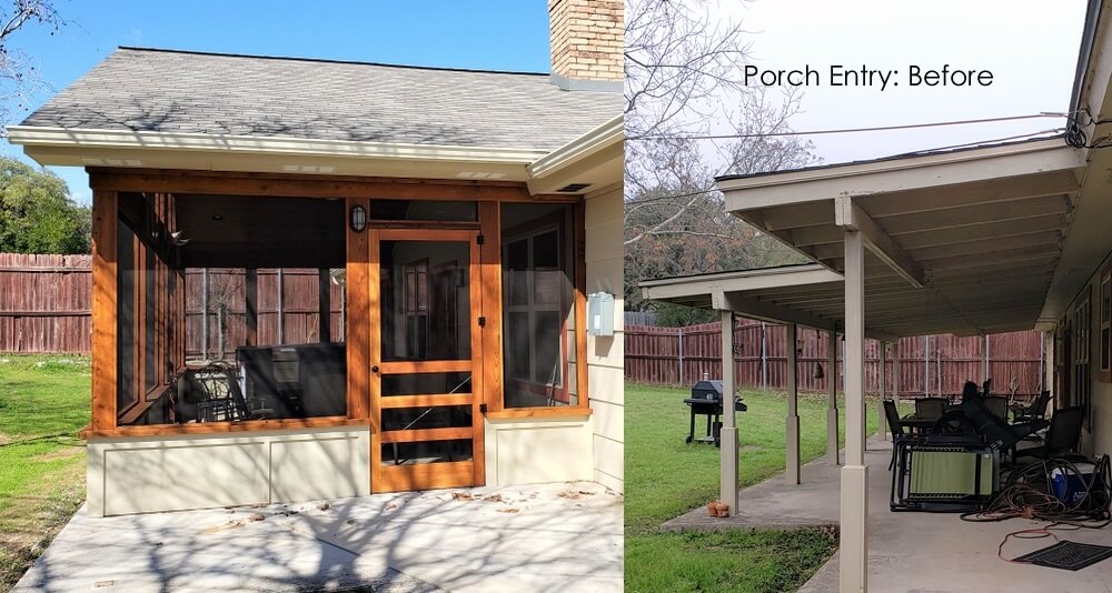 Before and after images of backyard porch