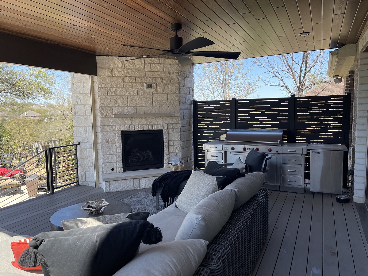custom poolside outdoor living space
