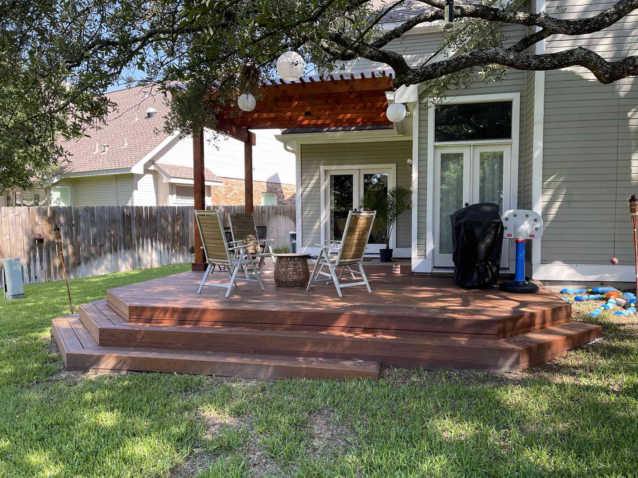 Beautiful Hardwood Deck With Wide Steps And Covered Pergola.
