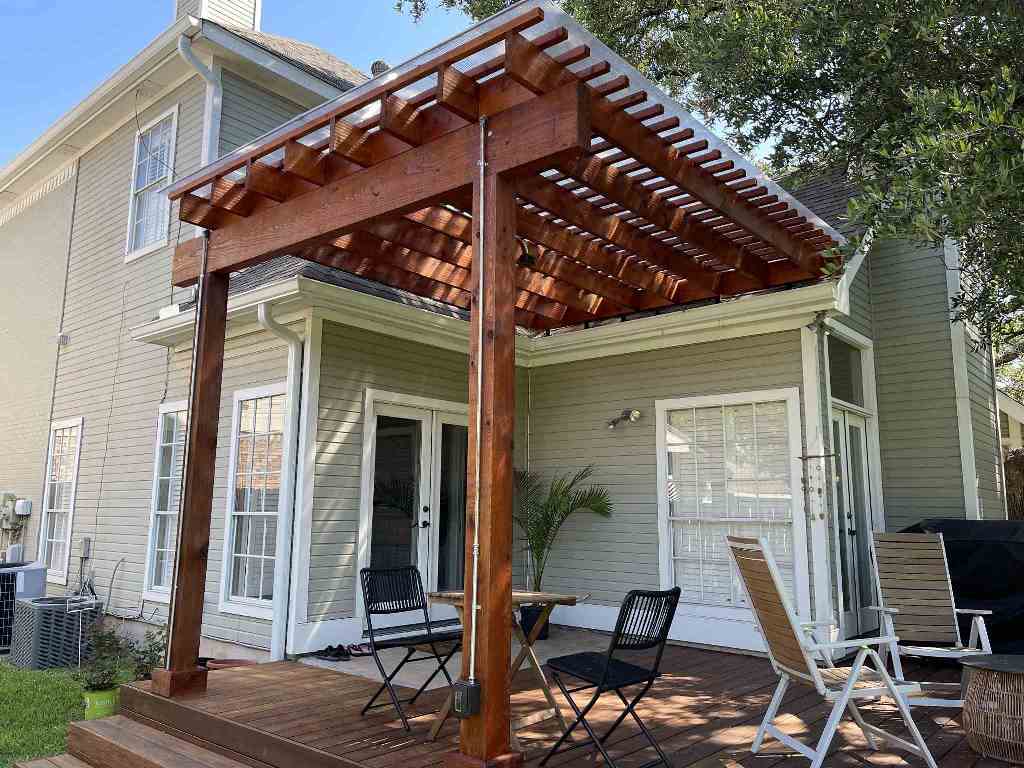 Beautiful Hardwood Deck With Wide Steps And Covered Pergola.