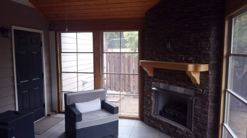 3 Season Porch with Outdoor Fireplace and Custom Mantel