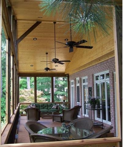 gabled roof with screened porch and ceiling fans 