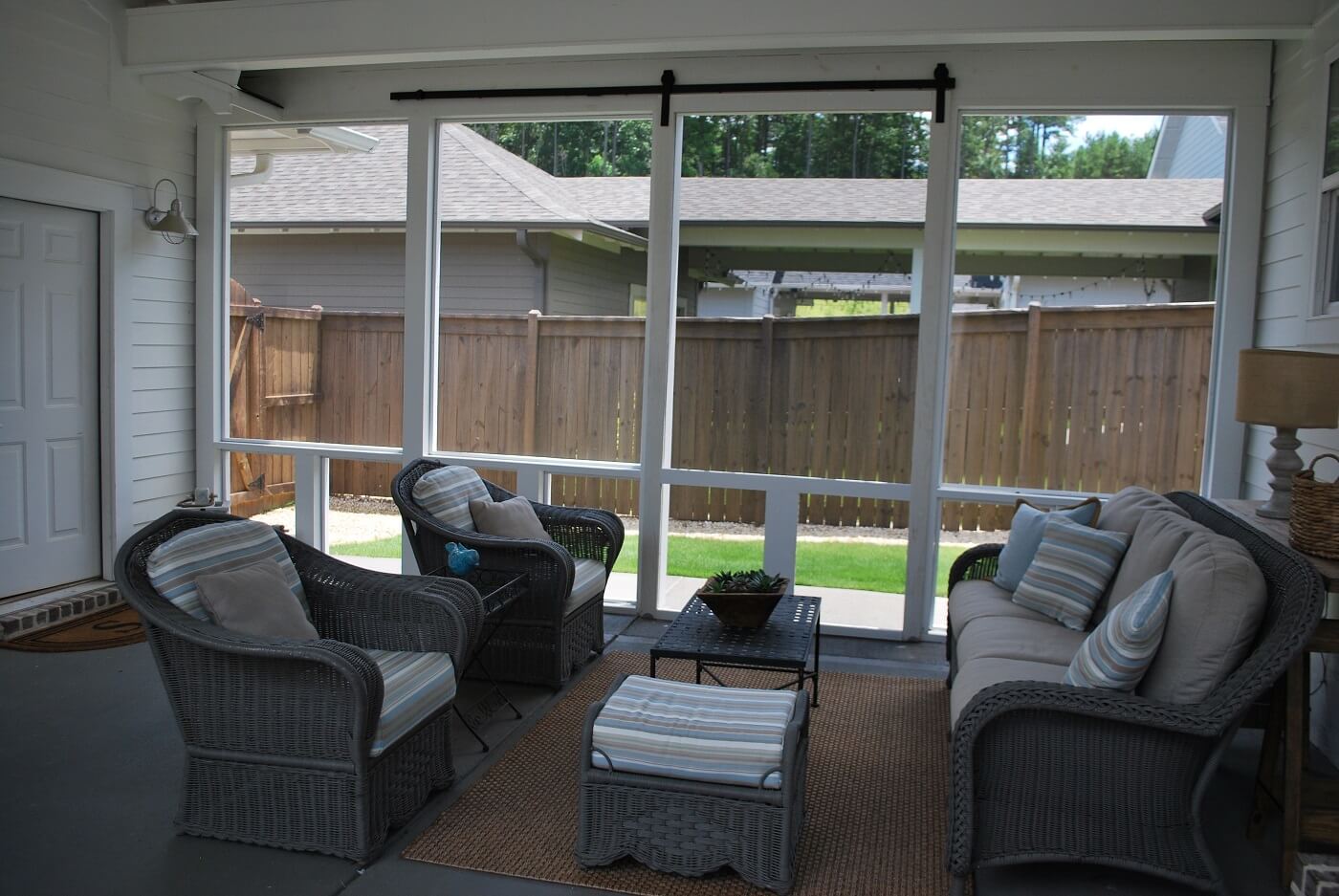 Screened porch with barn slide doors