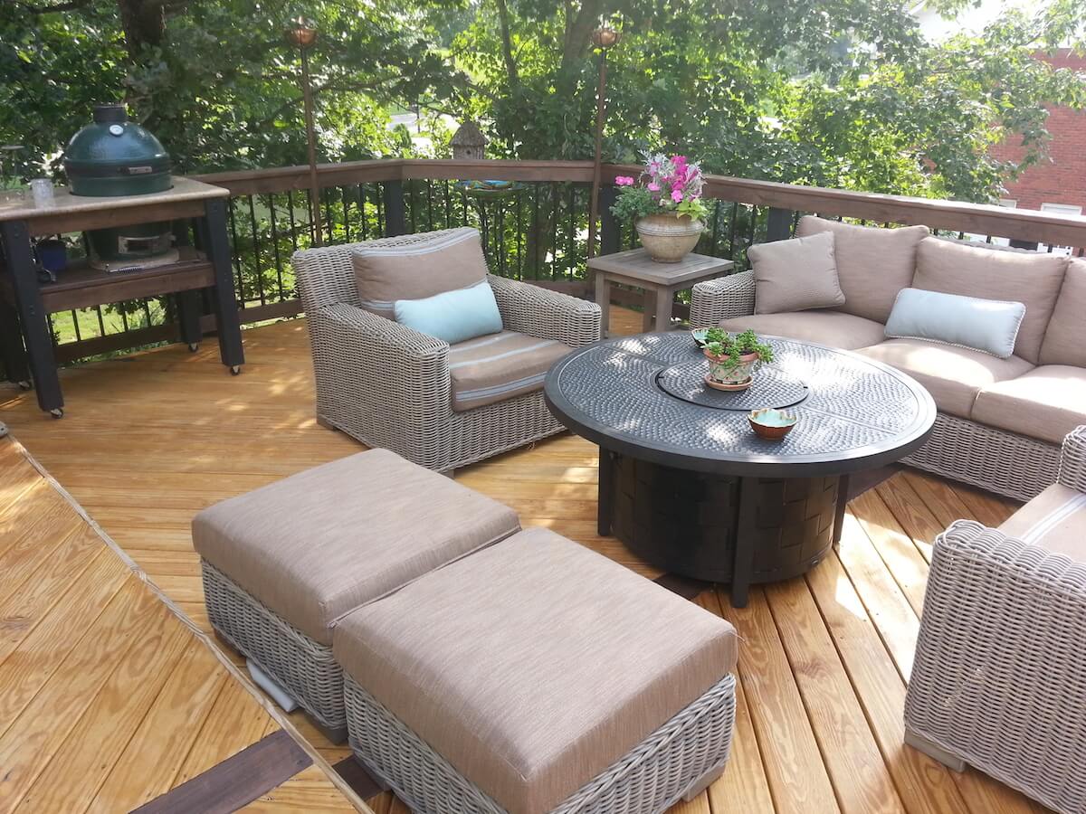 Wood deck with outdoor kitchen and seating area