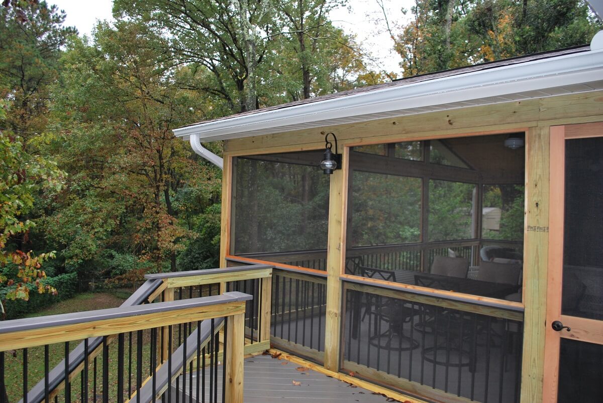 Side view of screened porch and deck