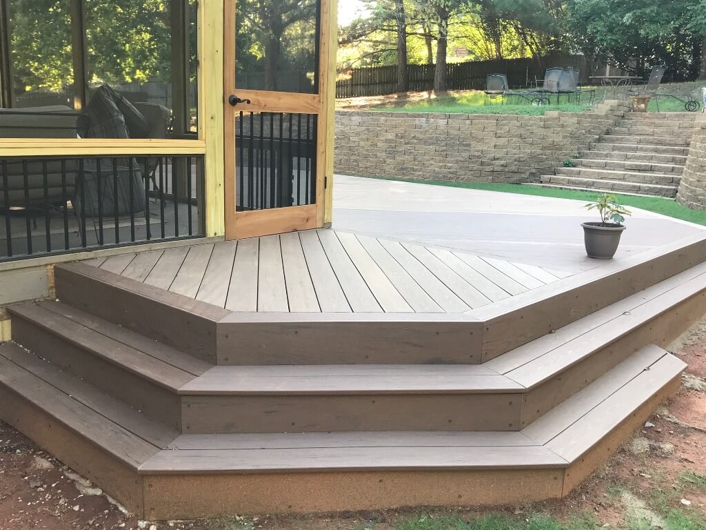 Wood deck details and exterior view of screened porch