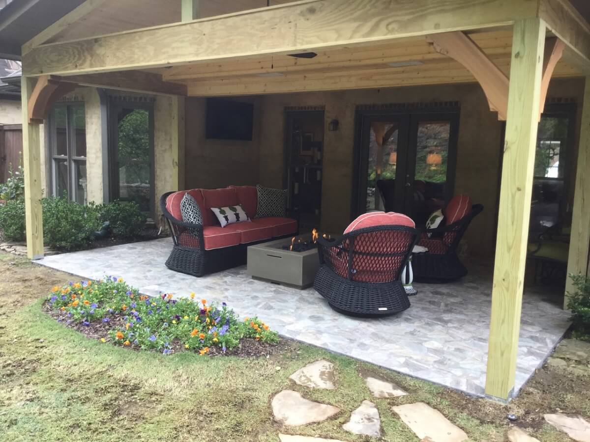 Covered porch with custom fire pit