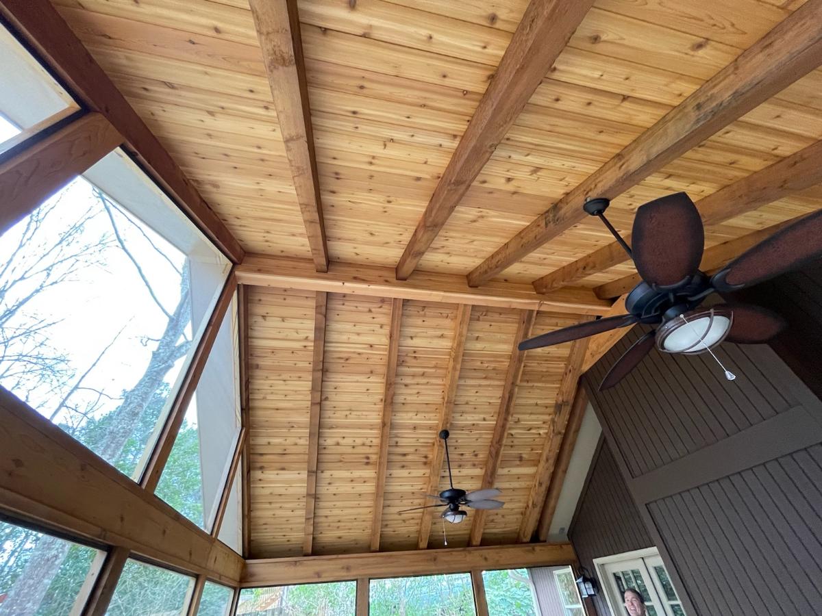 cedar exposed rafter ceiling detail north shelby county screened porch 