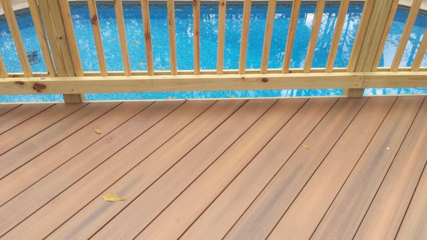 Wood deck detail and swimming pool view