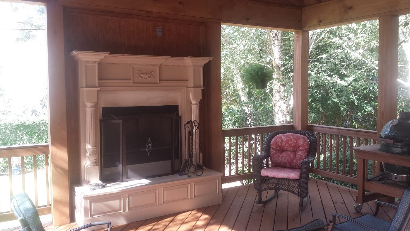 Custom outdoor fireplace on porch
