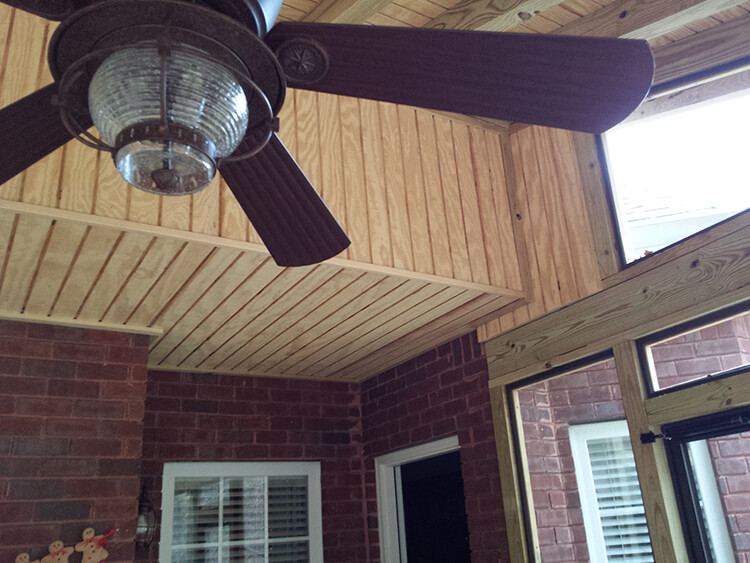 Screened porch ceiling details with ceiling fan