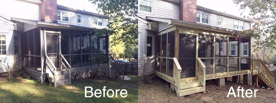 Before and after images of backyard screened porch