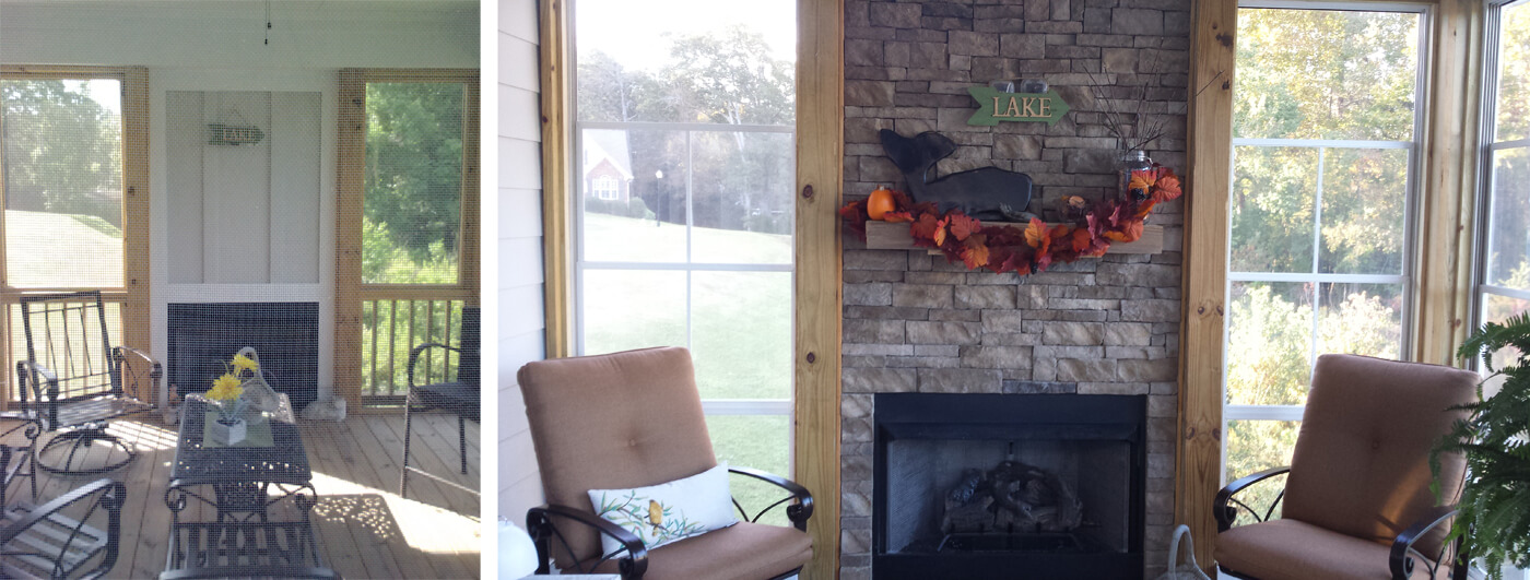 Stone fireplace on screened porch